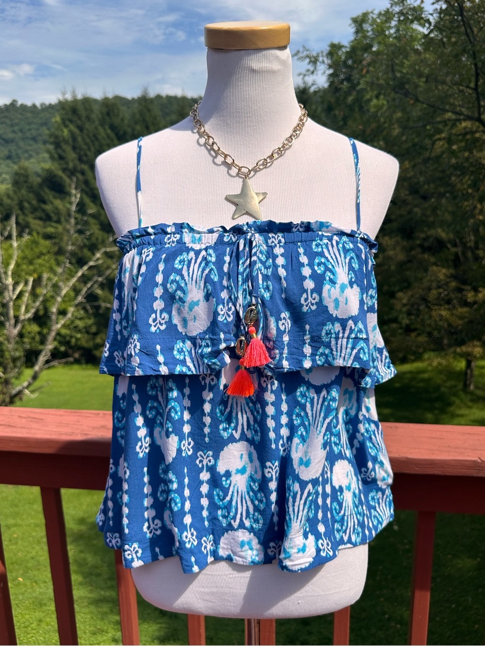Lilly Pulitzer Mays Blue Jellyfish Printed Ruffle Camisole with Tassel Tie